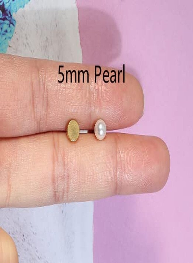 Renkovte 14K Gold Screw Back Pearl Stud Earrings for Women,Flat Back Pearl Cartilage Earrings Helix Earrings Hypoallergenic 316L Surgical Steel Piercing Jewelry Gift for Toddlers (5mm Pearl, Gold) - Image 3